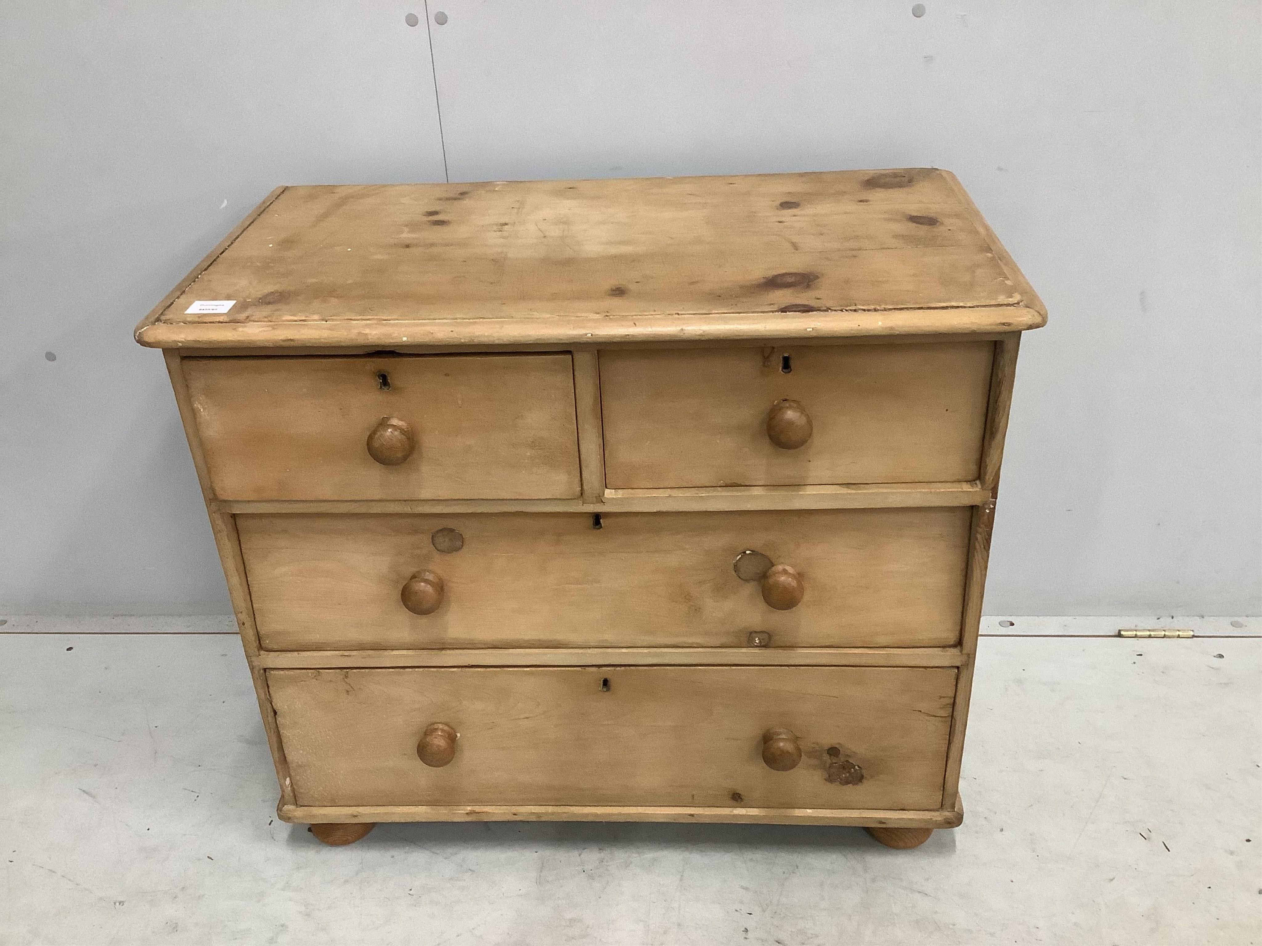 A small Victorian stripped pine chest of drawers, width 85cm, depth 45cm, height 73cm. Condition - fair